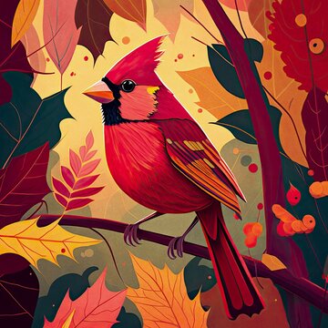 Abstract painting of beautiful male red cardinal in garden. Virginian cardinal on the branch among leaves in forest. Generative AI art.
