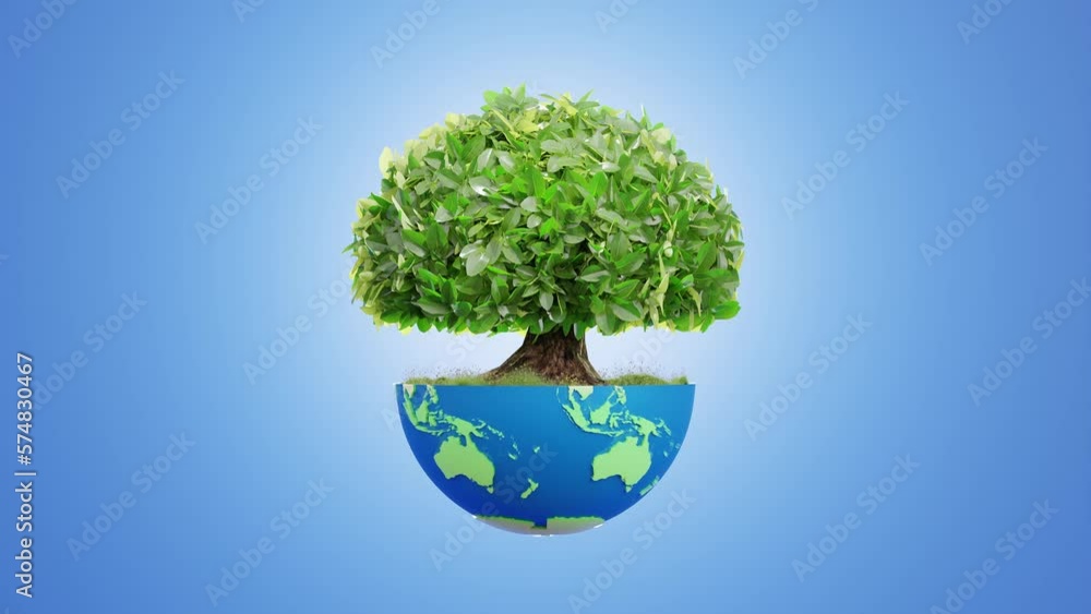 Poster big tree on half globe on blue background. animation revolves around itself seamless loop. environme