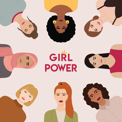 Group of diverse female characters stand together. International Women s Day, 8 March. Woman empowerment, girl power, feminism, sisterhood concept. Hand drawn vector illustration.
