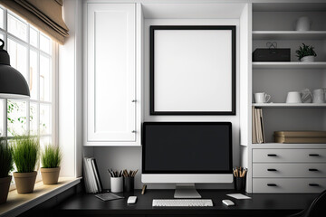 Huge blank white poster in black frame in home cabinet with nice workspace, big window, wooden chairs, and laptop. Mockup. Generative AI