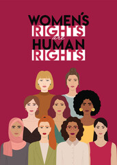 Fototapeta na wymiar Women s rights are human rights card with group of diverse female characters stand together. International Women s Day, 8 March. Woman empowerment, feminism concept. Hand drawn vector illustration.