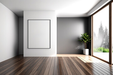 Empty room with laminate flooring and lcd/white wall. Generative AI