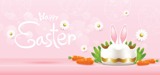3d easter eggs with podium and bunnies in pastel pink background greeting card