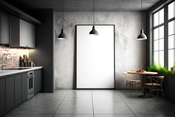 Undefined interior of a new kitchen with a blank poster on a concrete wall. Concept for an ad. a mockup. Generative AI