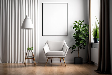 Blank wall with vertical poster in living room mockup with flooring, white chair, lamp, coffee table, bookshelf, plant, curtain. Generative AI