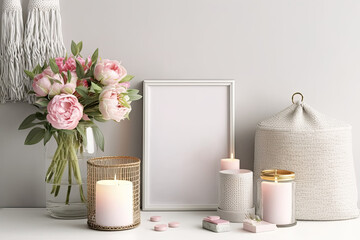 interior design of a home. White bedside table, candlesticks, woven straw bag, and frame with the words "HELLO SPRING." Stylish, light-colored room for women with a concrete wall. Generative AI