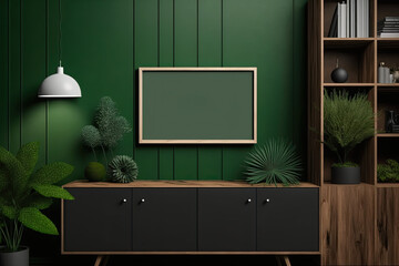 mock-up frame on wooden cupboards, TV, and decorations in a dull green room. Generative AI