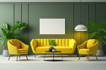 Waiting area with green wall, enormous yellow sofa, two armchairs, and many coffee tables. large horizontal poster mockup. Generative AI