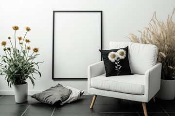 Scandinavian-themed hipster poster frame mockup. Minimalist modern interiors. Generative AI