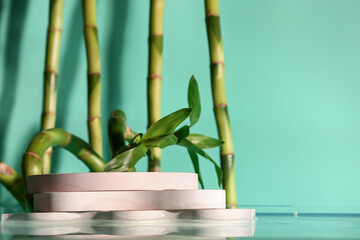 Green bamboo stems and plaster podiums in water on turquoise background