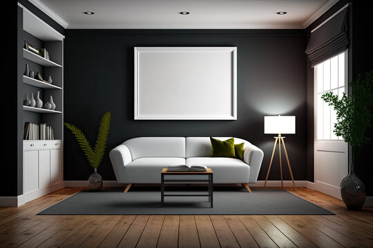 Front view of a dark living room with a big sofa, crockery-filled shelves, and carpet on an oak wooden floor. Idea for a gathering spot. a mockup. Generative AI