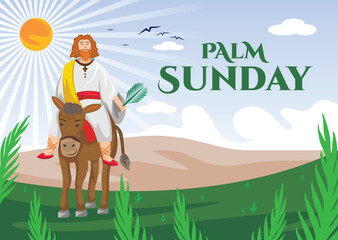 Illustration of happy palm sunday with the image of jesus carrying palm leaves and riding a horse