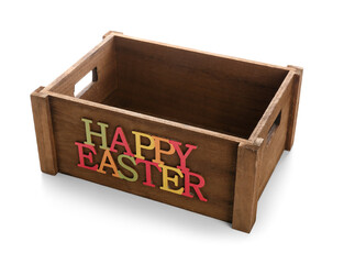 Wooden box with text HAPPY EASTER on white background