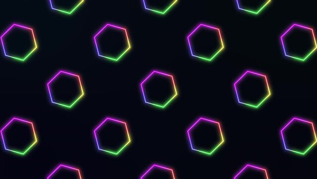 Glowing neon lines. 2D geometry triangle shapes seamless pattern on black background. Endless animation