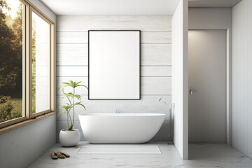 Front view of a bathroom corner with a bathtub and giant horizontal poster on a light wooden wall, mockup. Generative AI