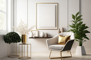A modern living area with a design armchair, a good gold coffee table, faux poster frames, flowers in vases, decorations, and personalized home touches. Template. Generative AI