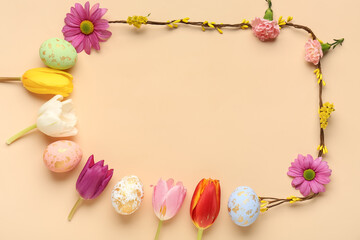 Frame made of beautiful spring flowers, Easter eggs and plant branches on color background