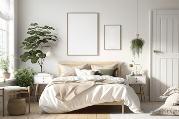 Scandinavian-style bedroom mockup with beige and natural wood furnishings. Generative AI