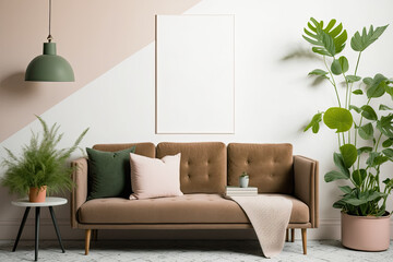 Plant next to empty poster mockup in vintage living room with brown couch. Generative AI