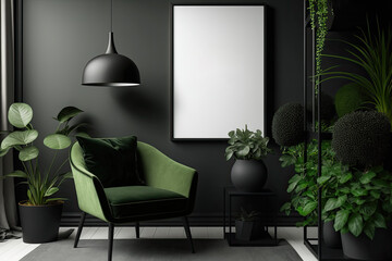 In a gray environment, a black table with a green recliner and plants is placed next to an empty poster mockup. real picture. Generative AI