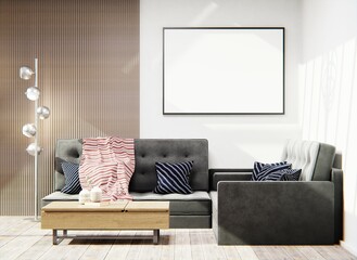 mock up poster frame in modern interior background, living room, 3D render, 3D illustration