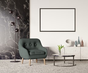 mock up poster frame in modern interior background, living room, 3D render, 3D illustration