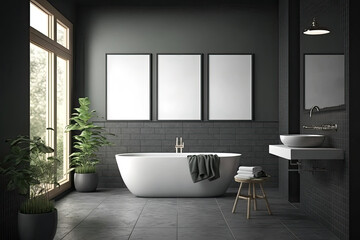 Fototapeta Dark gray tiles, white bathtub, and three posters above. Health and hygiene. Mockup. Generative AI obraz