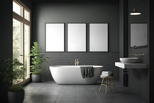 Dark gray tiles, white bathtub, and three posters above. Health and hygiene. Mockup. Generative AI