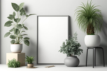 Illustration mockup blank board with frame on wall and plant pot, scandinavian style interior pastel hues and decorating,. Generative AI