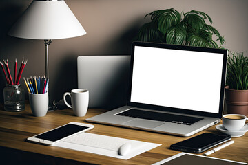 Creative designer desk with blank laptop screen, smartphone, coffee cup, table lamp, plant, books, and pencils on wooden wall background. Mockup. Generative AI