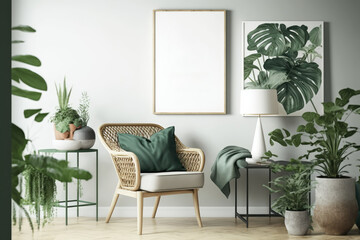 Rattan chairs, flowers, and a poster mock-up in a home,. Generative AI