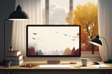 Warm minimalist home office design with a mockup of a laptop's white screen, items, and a chic table lamp on a wooden table above a window with an autumnal landscape. Generative AI