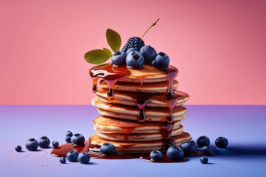 Stack of pancakes with maple syrup and blueberries