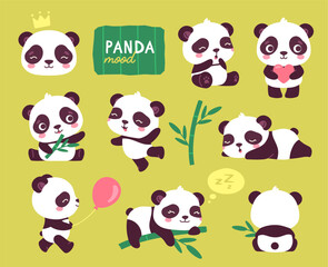 Set of panda. Traditional Asian bear in different poses. Collection of stickers for social networks. Animal with bamboo, wild life. Cartoon flat vector illustrations isolated on white background