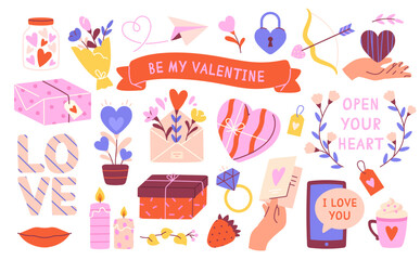 Valentines day stickers set. Love cards and letters, lettering, bouquet and gift box. SMS, diamond ring, candle and delicious drink. Cartoon flat vector illustrations isolated on white background