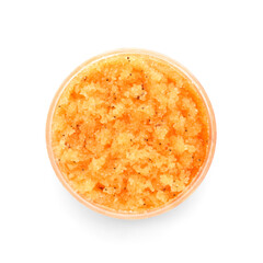 Jar of body scrub on white background