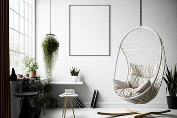 mockup poster with hipster hanging chair in Scandinavian home. Generative AI