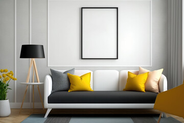 contemporary, bright rooms with a computer-generated mock-up poster frame. Generative AI