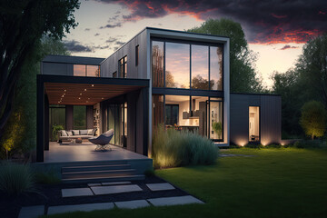 A contemporary home with a lawn and a patio is seen in the evening, generative AI