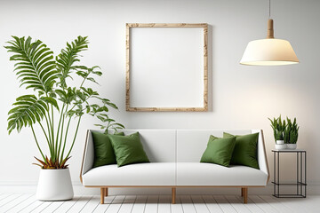 Poster mockup of empty wooden frames, sofa, plant, and lamp in white room. Generative AI