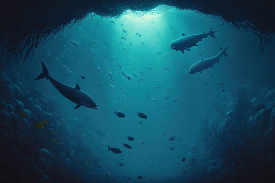 Animated underwater environment with fish circling in the ocean Illustration of many fishes in the water with a whale, dolphin, and shark. Generative AI