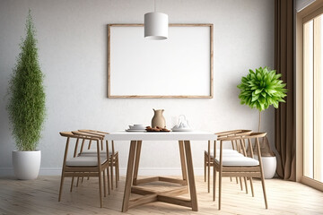 Livingroom mockup with vertical wood frame and dining table d&eacute;cor. Generative AI