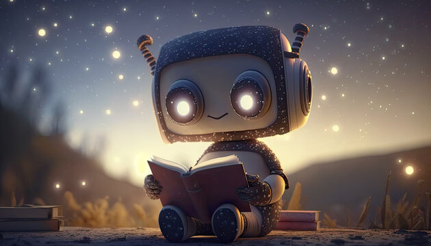 Cute little robot reading a book