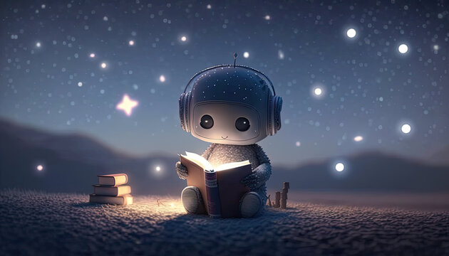 Cute little robot reading a book
