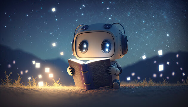 Cute little robot reading a book