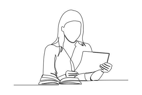 recommend clip art: continuous line drawing of young woman reading book at school