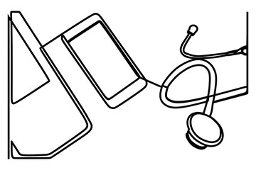 continuous line drawing of stethoscope, laptop and smart phone