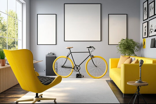 A home office with a bicycle, a wide white wall with three framed posters, a sofa, a yellow transparent chair, and other furniture. Startup idea. mockup Toned image. Generative AI