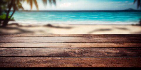 Fototapeta na wymiar Empty wooden table top product display showcase stage with tropical summer beach background. Generative ai