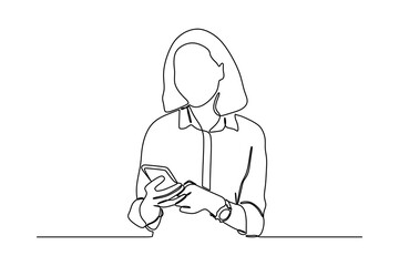 continuous line drawing of Young Cheerful Lady Using Smartphone For Messaging With Friends
